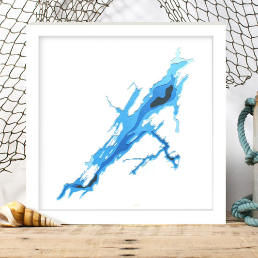 Black Donald Lake 12"x12" Papercut Cardtography Map | Wall Art | Poster | Print | Map Art | Wall Decor