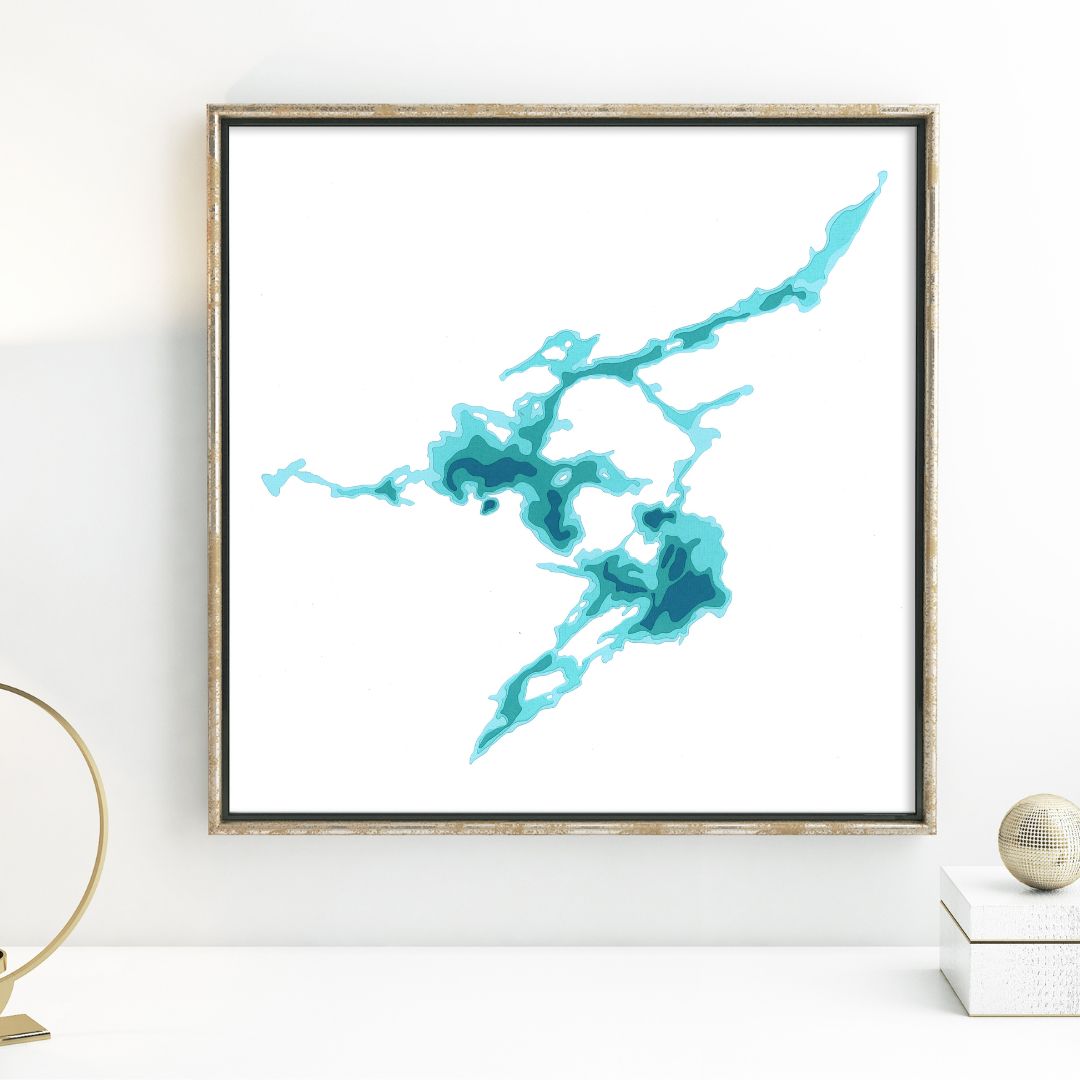 Memesagamesing Lake 12"x12" Papercut Cardtography Map | Wall Art | Poster | Print | Map Art | Wall Decor