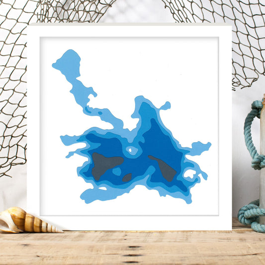 Mill Lake 12"x12" Papercut Cardtography Map | Wall Art | Poster | Print | Map Art | Wall Decor
